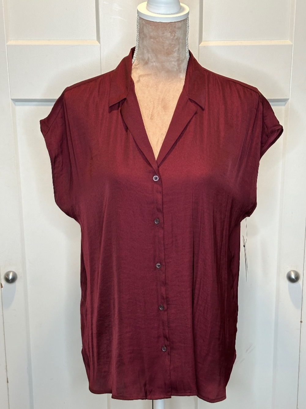 Women's Nine West Short Sleeve Easy Lapel Shirt, Maddie Plum, Sz L NWT